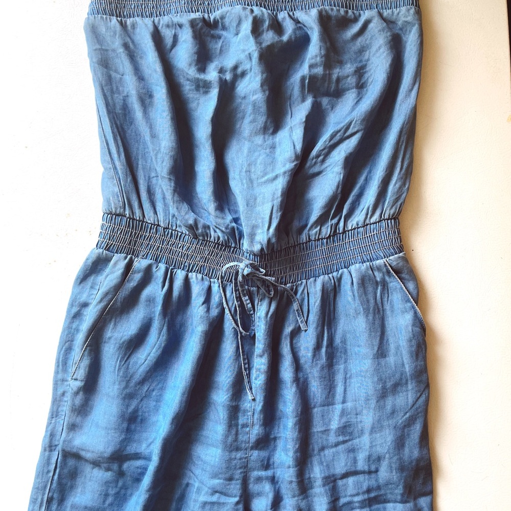 blue strapless jumpsuit